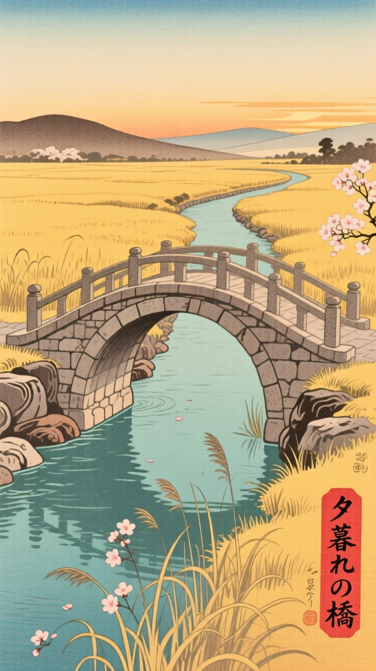 A stone canal bridge standing alone in a golden evening field.