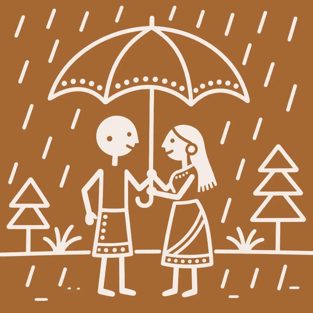 A couple meeting in secret sharing a single umbrella in the rain.