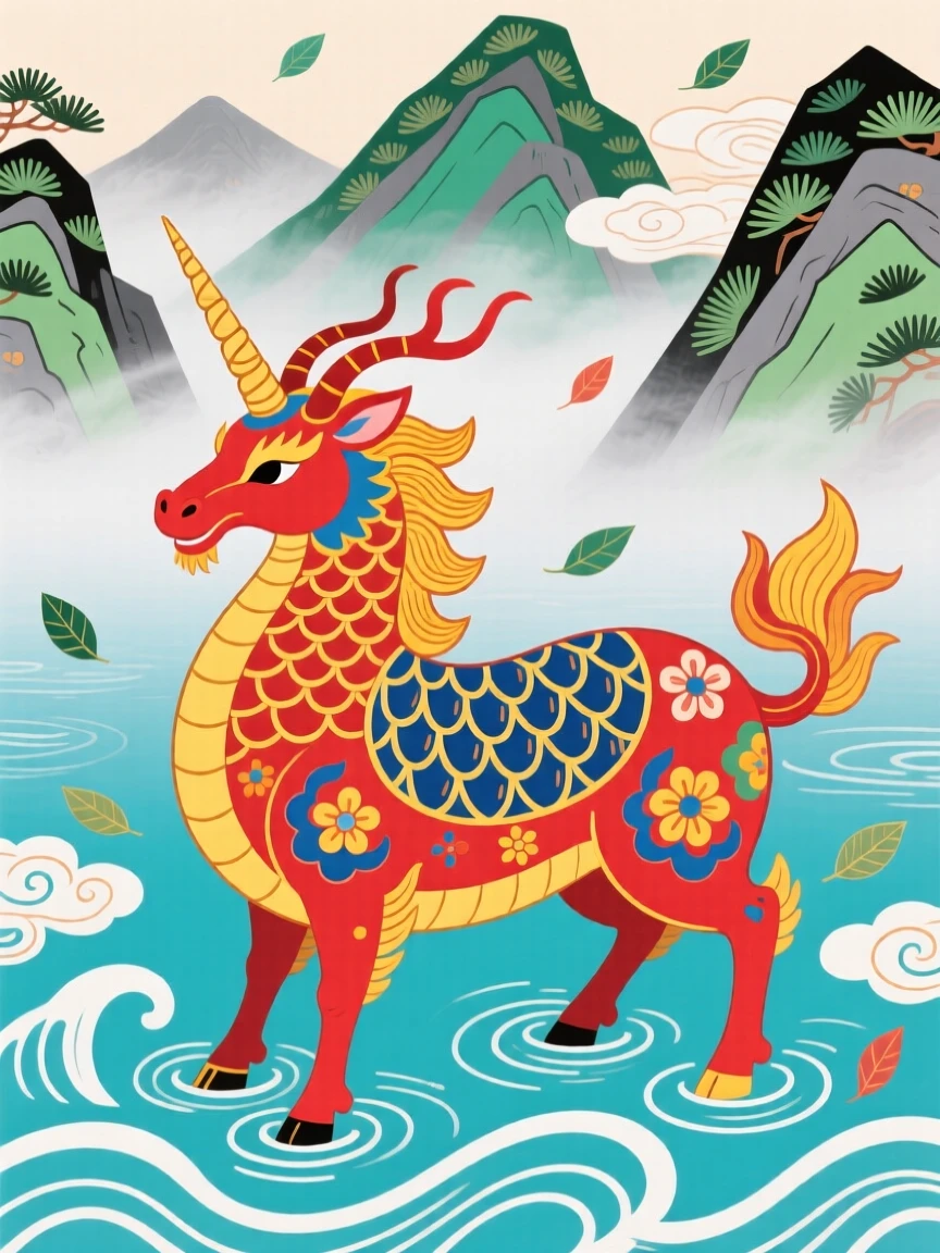 A mythical unicorn-like qilin, emerging from a misty mountain lake.
