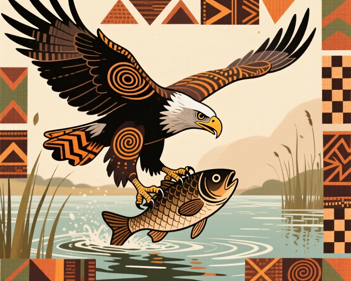 An African fish eagle diving to snatch a fish from a lake.