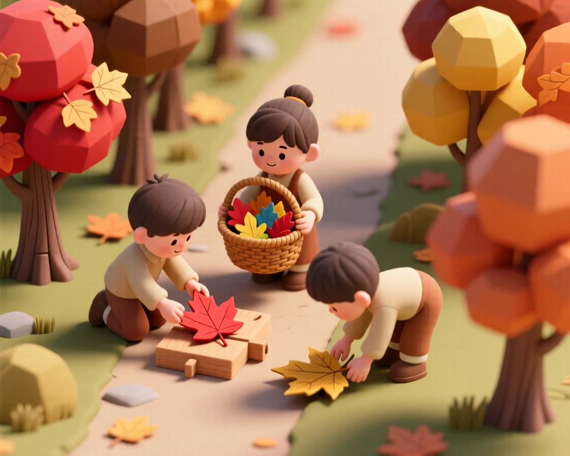 A leaf pressing nature walk activity, children collecting colorful autumn leaves in a basket for an art project later.