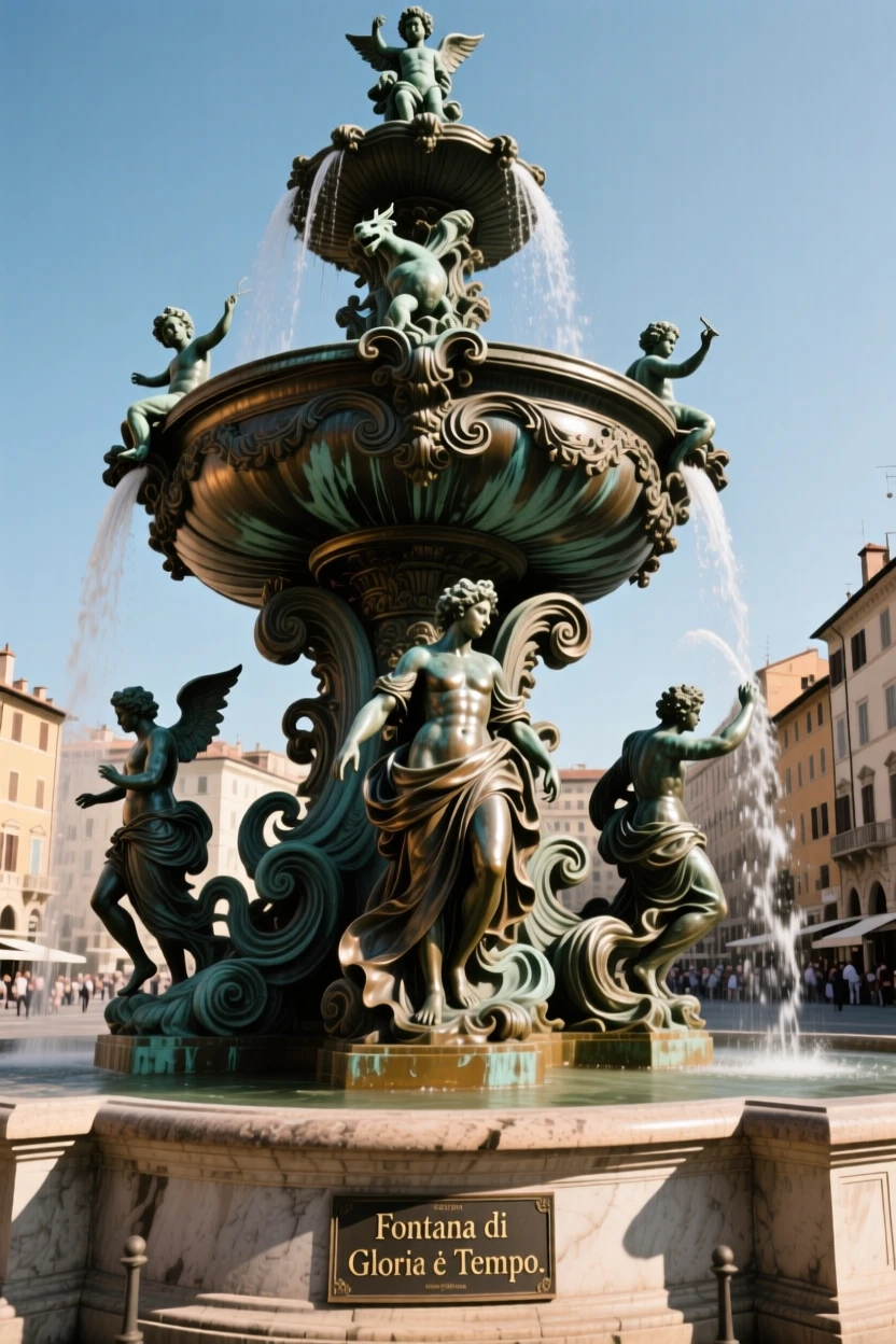 A grand baroque fountain in a european plaza, captured with dramatic, sweeping perspective, exuding timeless grandeur