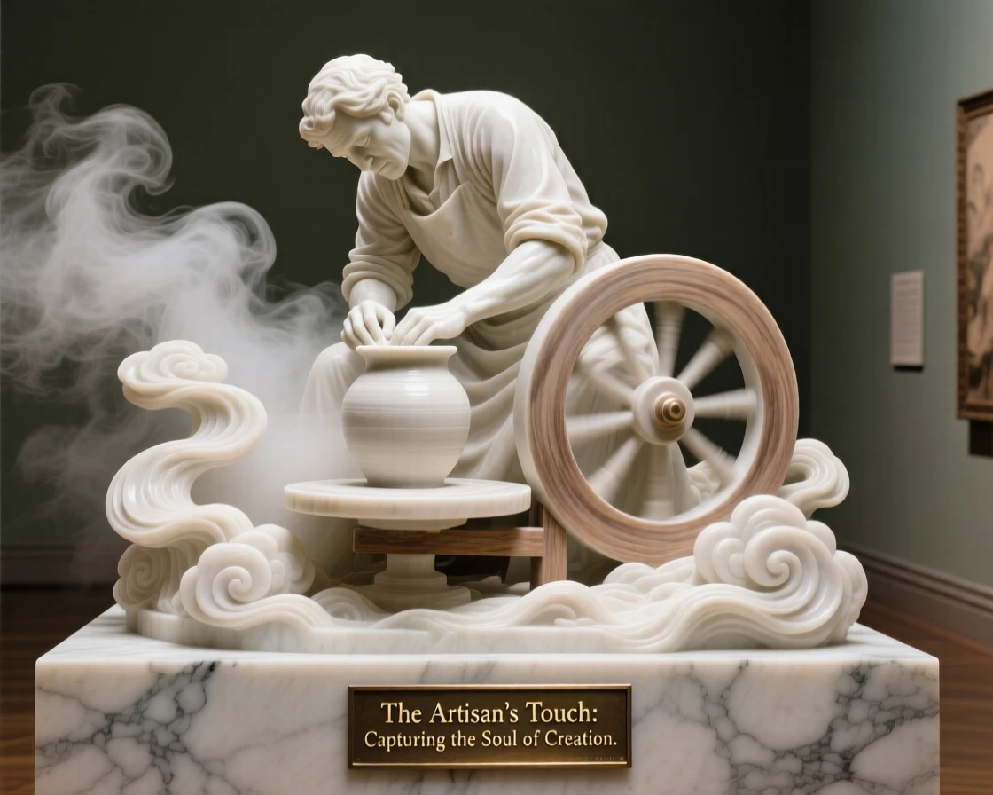 A vivid, emotionally rich scene of a potter shaping clay on a spinning wheel, amid swirling clouds and mist, designed to captivate and inspire