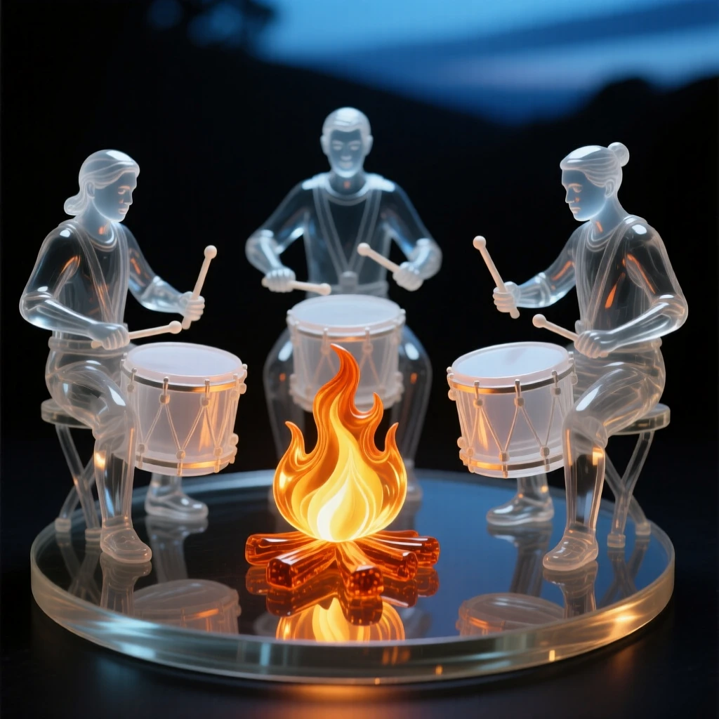 A group of drummers performing around a bonfire at night as fireworks burst quietly in the sky above