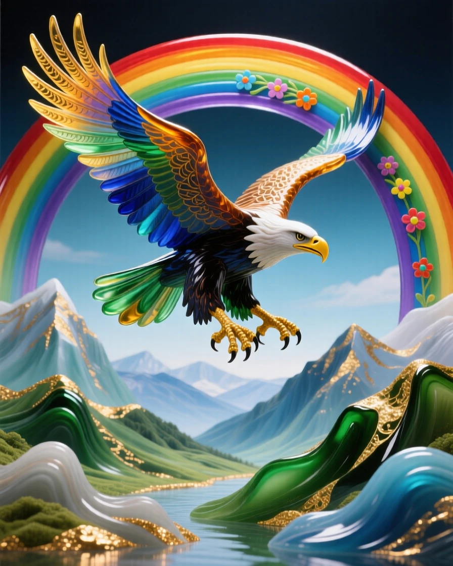 A grand eagle soaring above a rainbow arching over a mountain valley, majestic and hopeful.