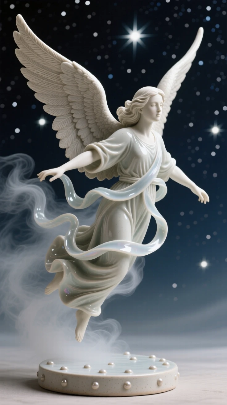 A celestial guardian angel with wings spread wide frozen mid-flight against a starry sky, wrapped in wisps of enchanted mist, filling the scene with mysterious, otherworldly beauty.