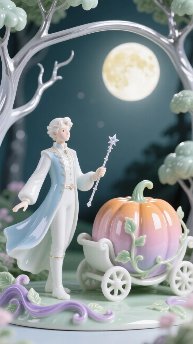 A whimsical scene of an enchanted prince waving a sparkling wand over a pumpkin carriage in a moonlit fairy glen.
