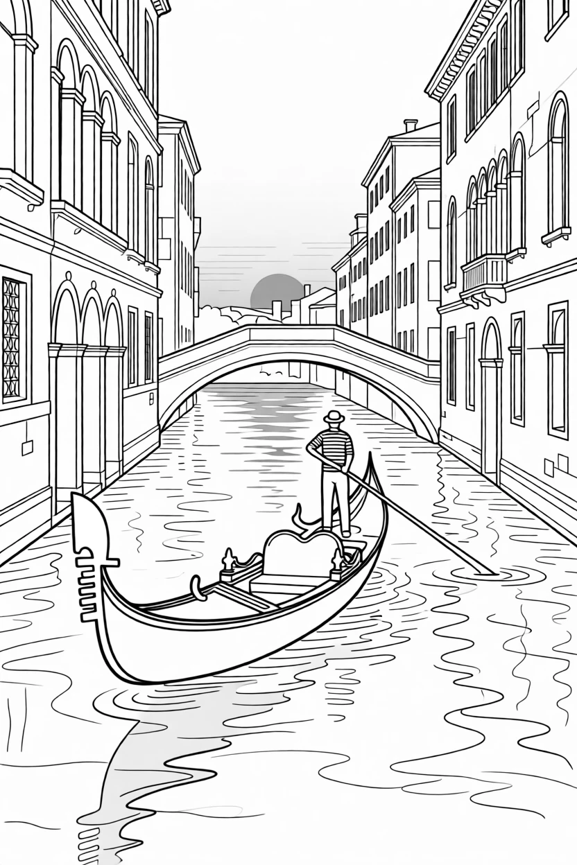A gondola gliding through a Venetian canal at sunset