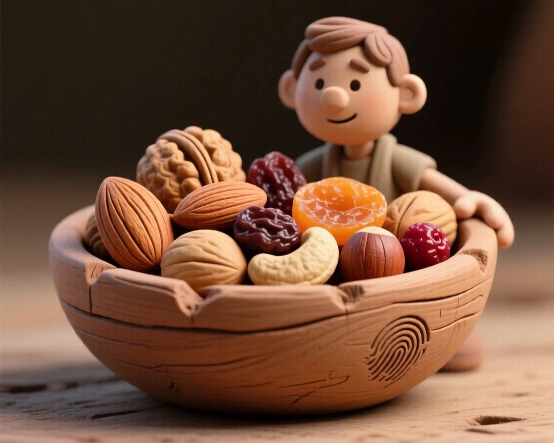 A rustic wooden bowl of mixed nuts and dried fruit