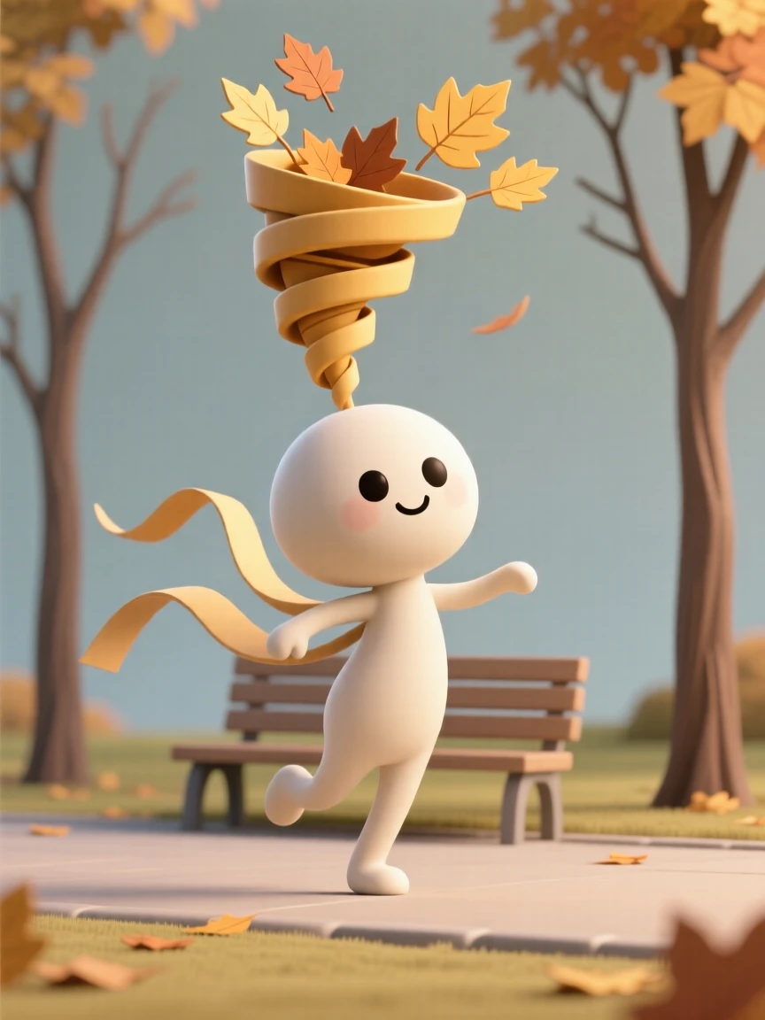 A playful wind spirit twirls fallen autumn leaves into a spinning golden funnel above a quiet park.