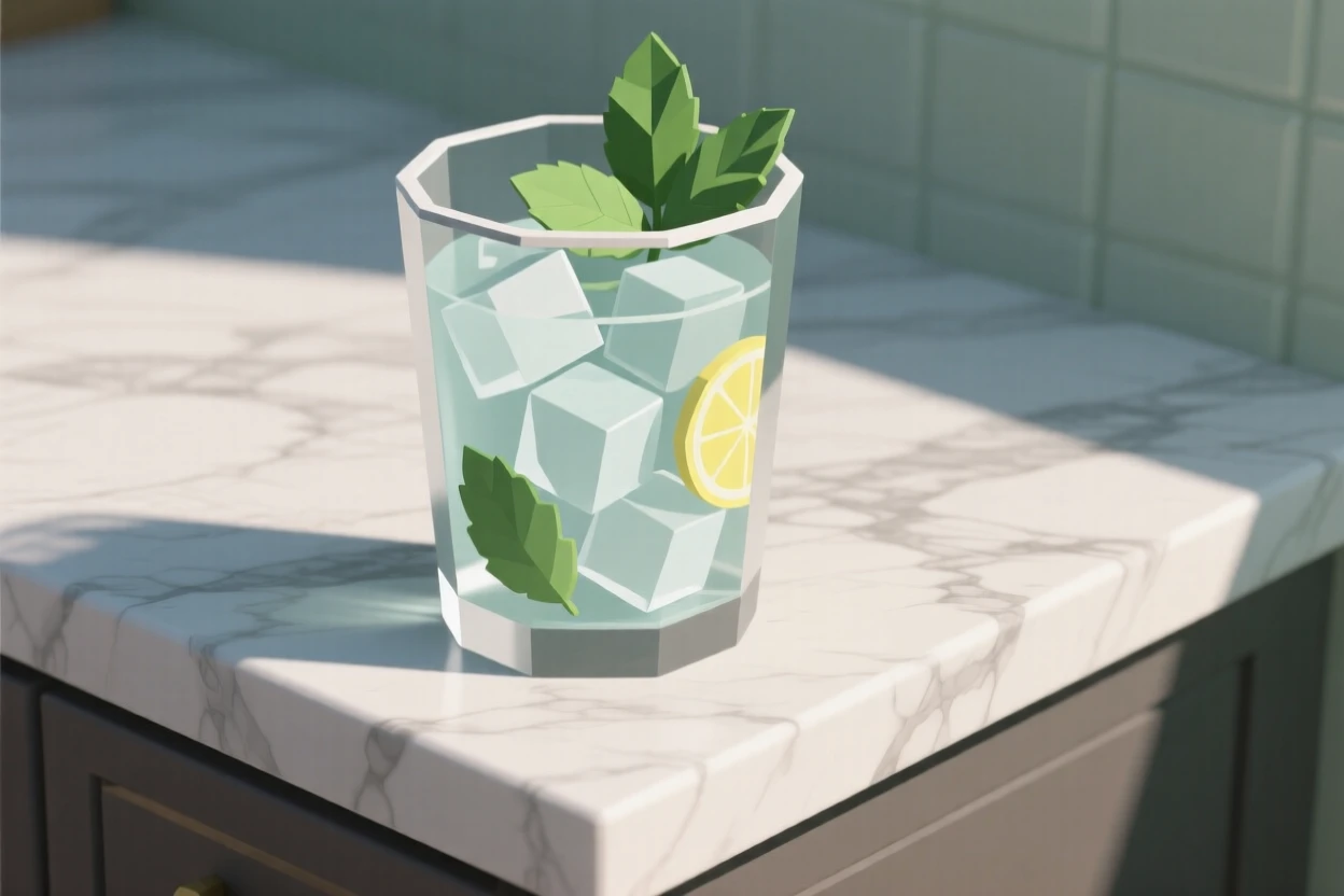 A glass of iced lemonade with mint leaves, on a marble countertop. soft natural light highlights rich textures and colors. The setting feels indulgent and delicious.