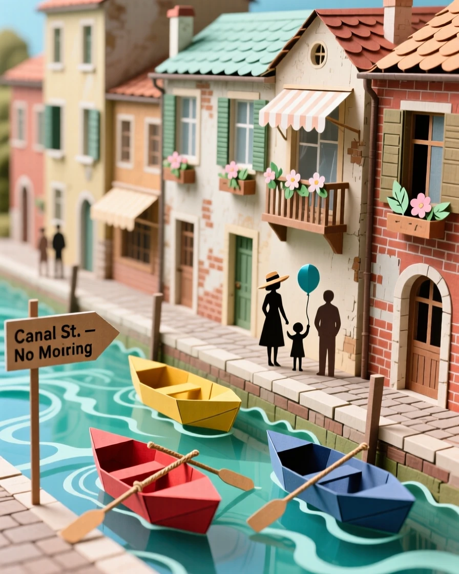 A quiet canal lined with old townhouses bustling with life at midday, with small boats resting along the water, evoking wanderlust and cultural charm.