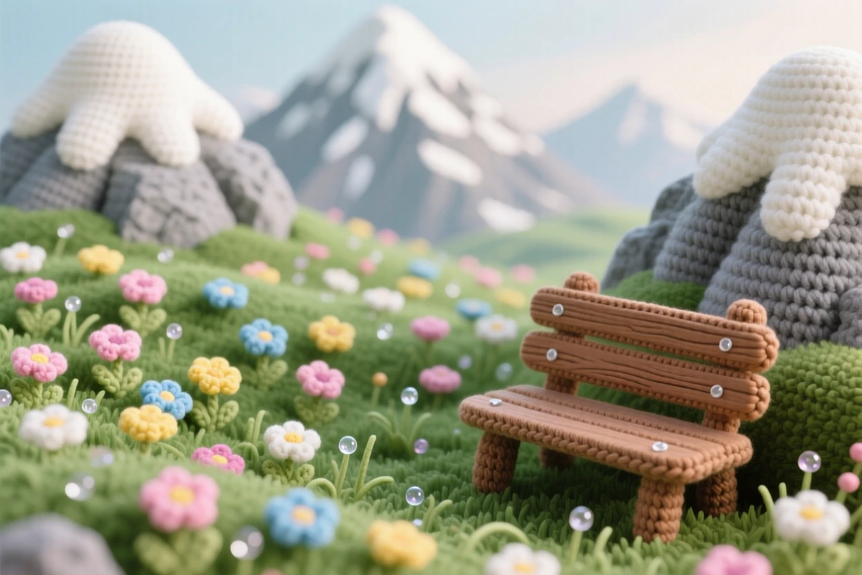 A tranquil view of a small alpine meadow, dotted with tiny wildflowers, framed by snow-capped mountain peaks, surrounded by the quiet hush of early morning, with a single wooden bench resting nearby, evoking peaceful, untouched natural beauty.