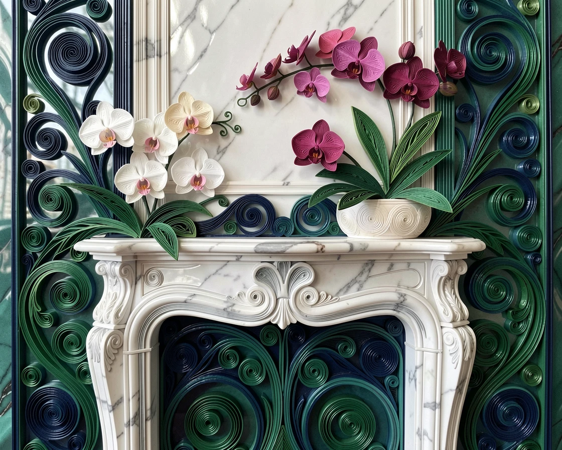 a marble fireplace mantel adorned with fresh orchids, in a chic Parisian apartment, composed with glossy reflective surfaces throughout, in deep jewel tones of emerald and sapphire.