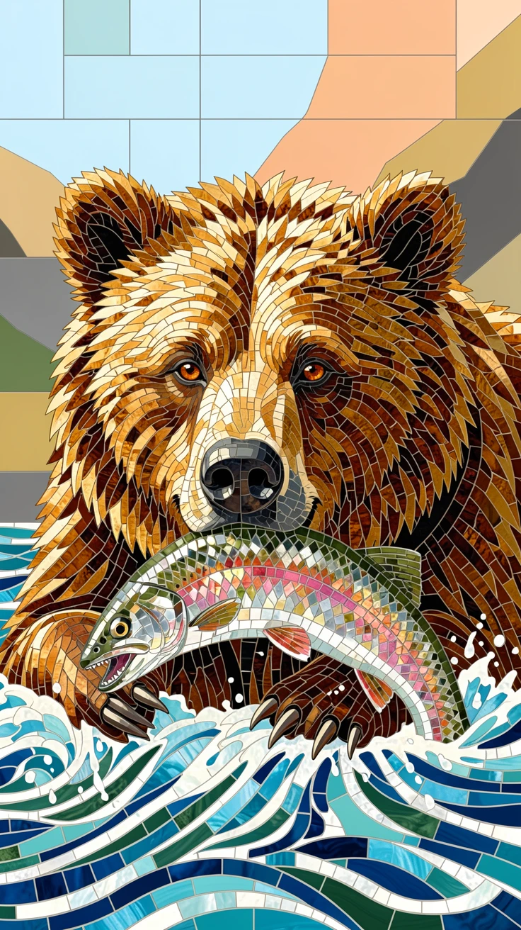A close-up portrait of a grizzly bear catching salmon in a rushing river, showing rich fur or feather detail and expressive eyes.
