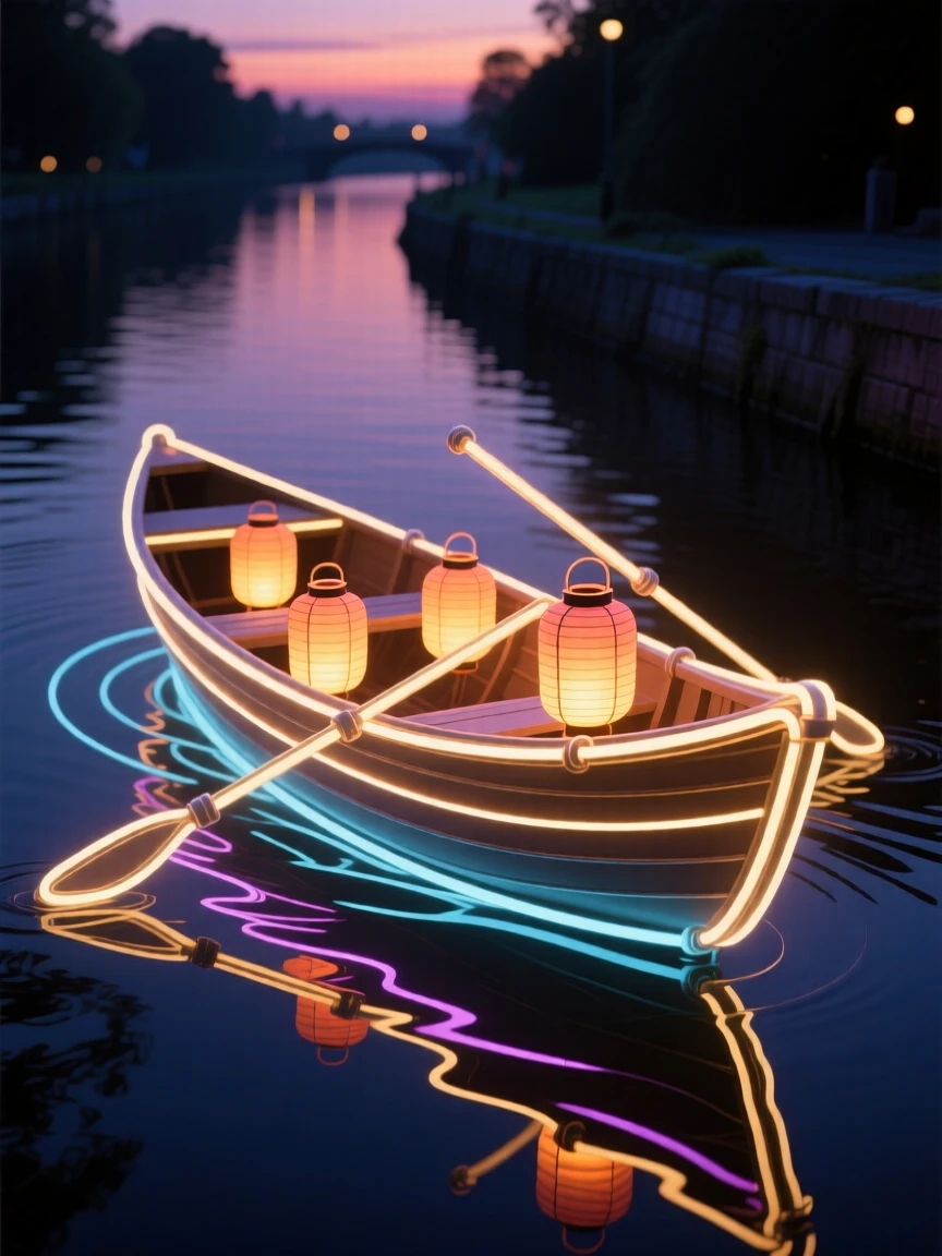 A rowing boat filled with lanterns drifting down a quiet canal at dusk.