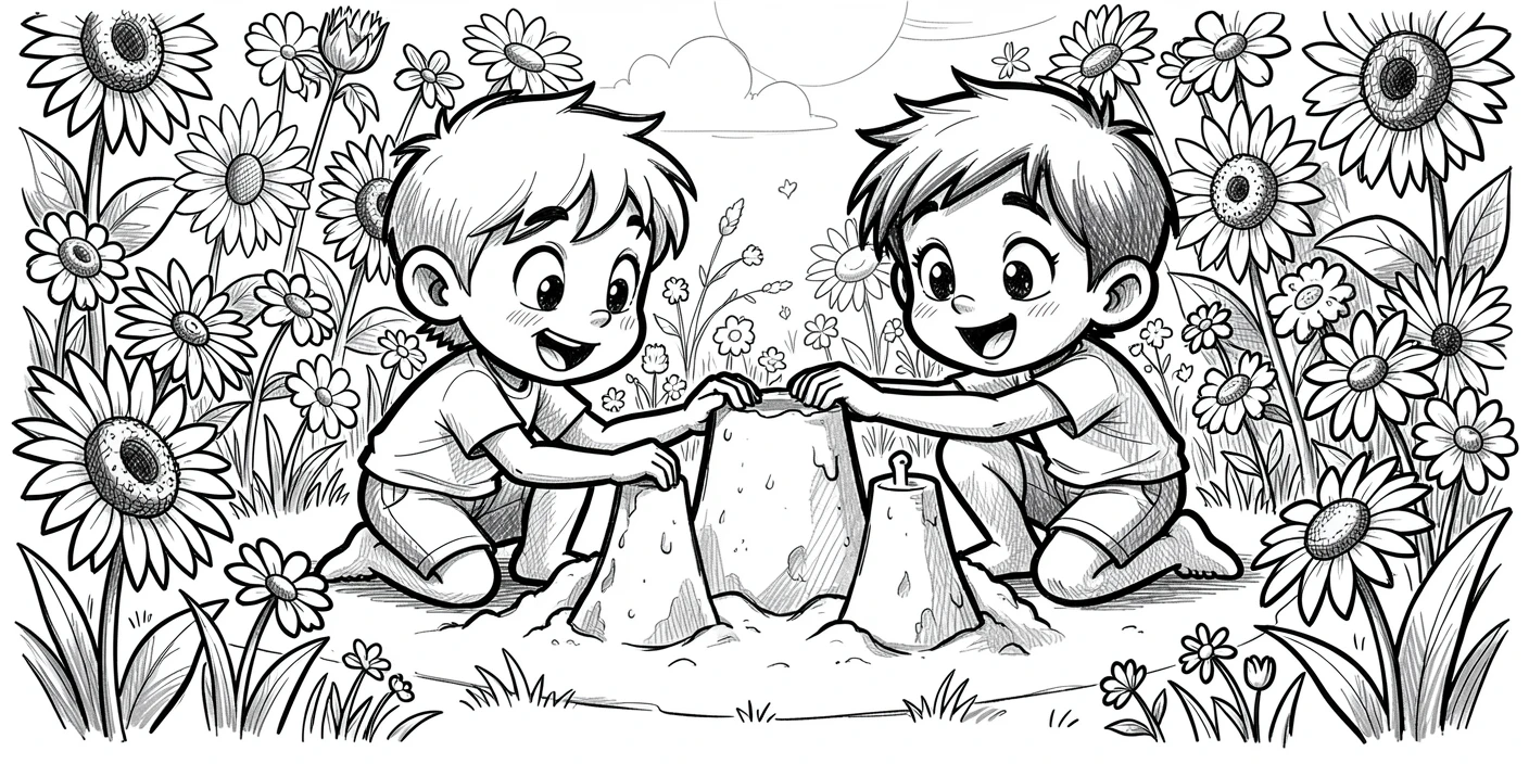 Two kids building a sandcastle in a backyard full of summer flowers.