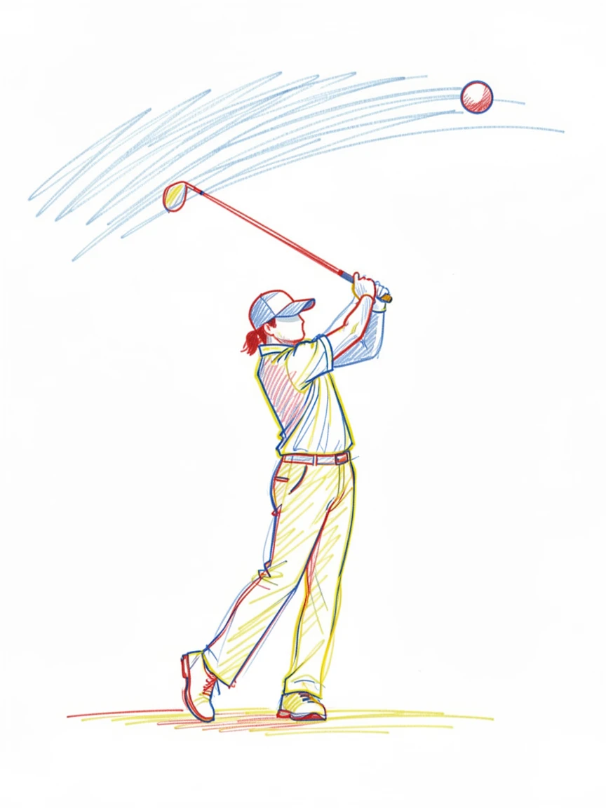 A golfer following through on a swing, ball arcing against a blue sky