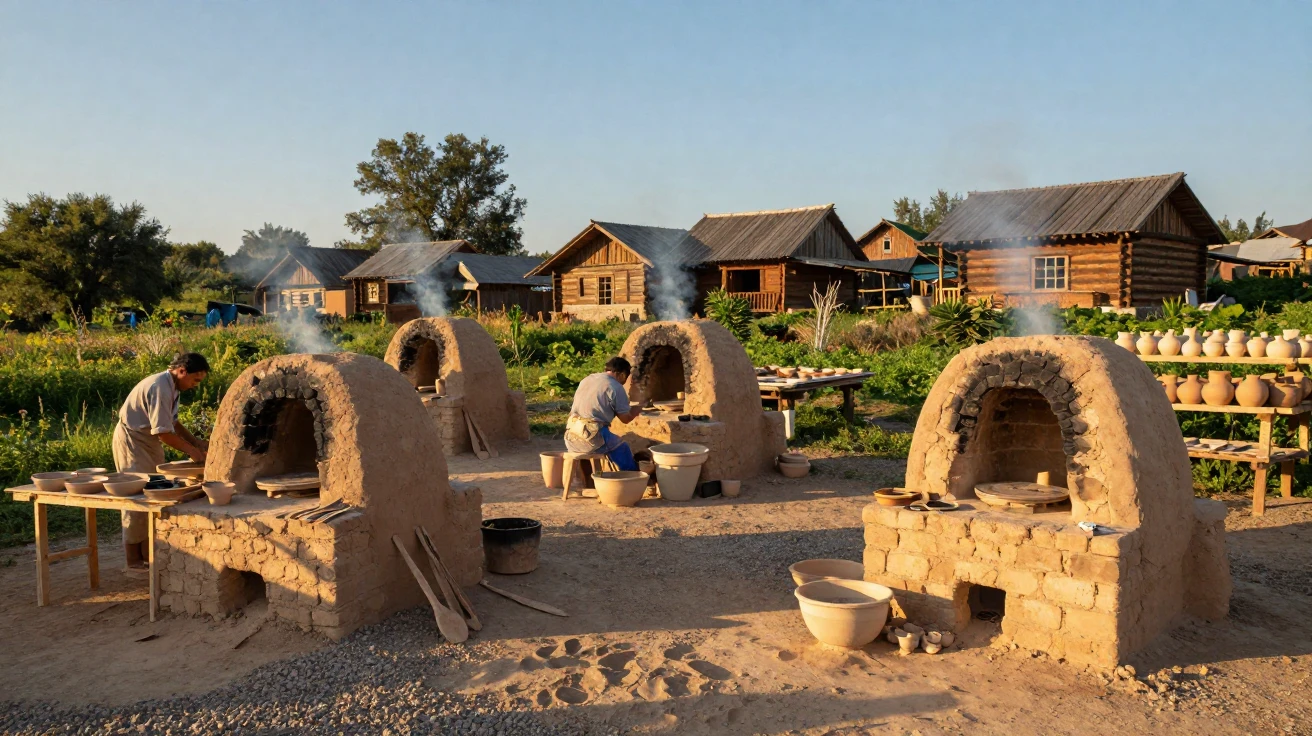 A traditional pottery village with kilns firing clay pots