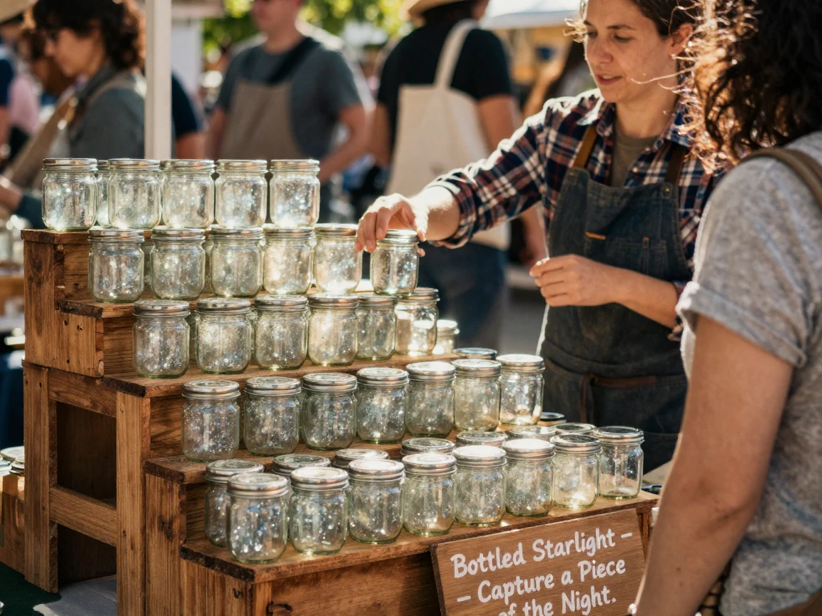 A market stall sells bottled starlight in tiny glass jars stacked on wooden shelves.