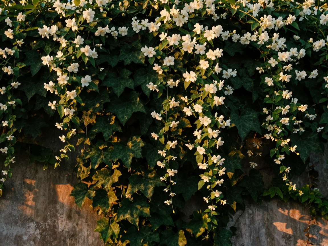 A wall covered in climbing ivy and jasmine catching the last light of a summer evening
