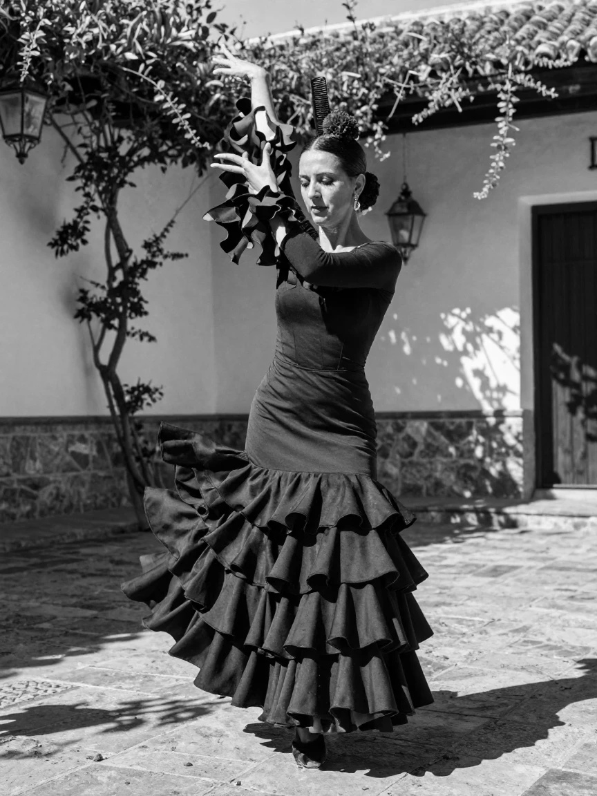 A flamenco dancer stomps with fiery passion in a sunlit courtyard.