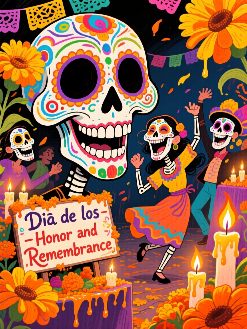 A Day of the Dead celebration with painted skull faces and marigold-covered altars.