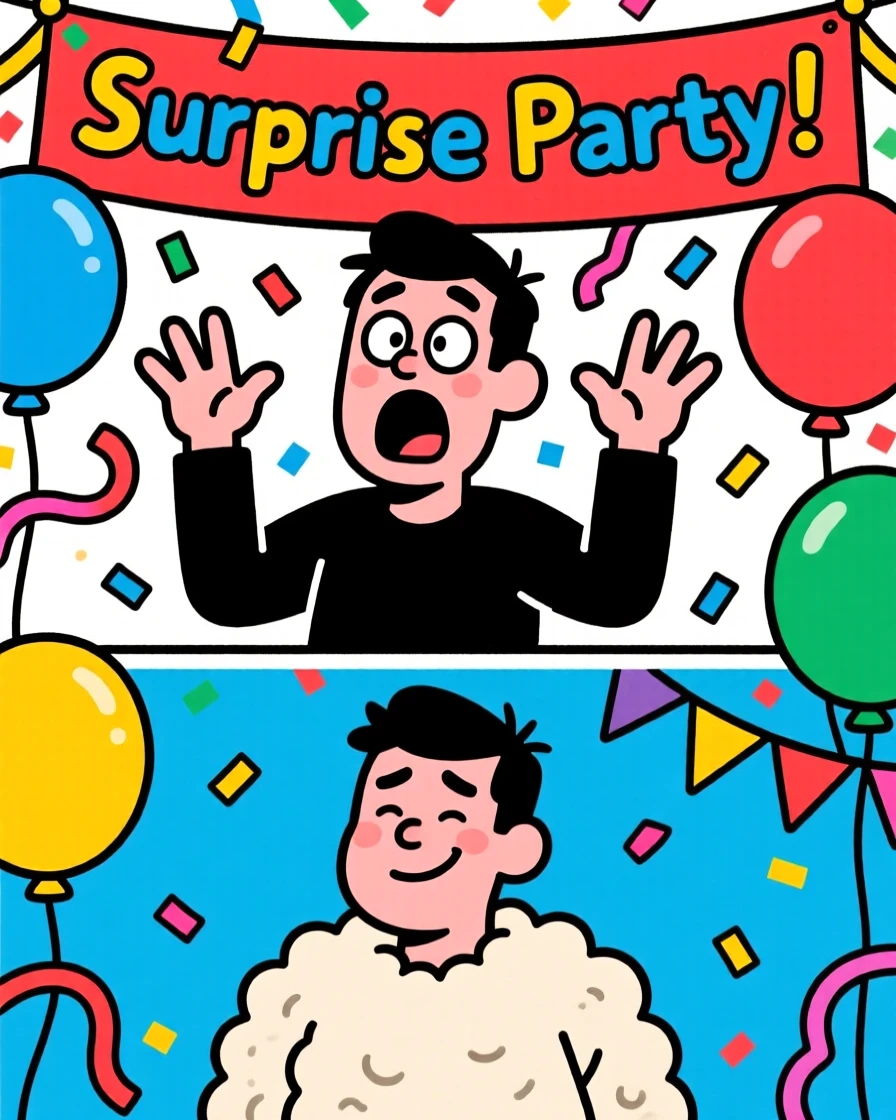 A funny expressive moment showing a man reacting with exaggerated shock to a surprise party, with a sheepish grin afterward.