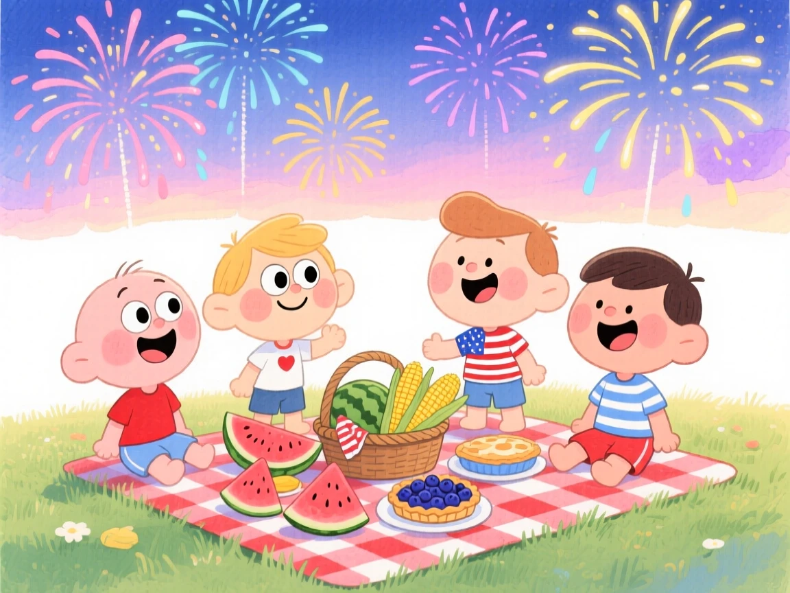 A joyful celebration scene of a summer 4th of July picnic with fireworks lighting the sky, glowing with soft festive light