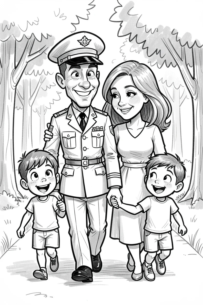 [Family & Relationship Moments] Heartwarming scene of a nostalgic military family walking together through a park, radiating love and warmth