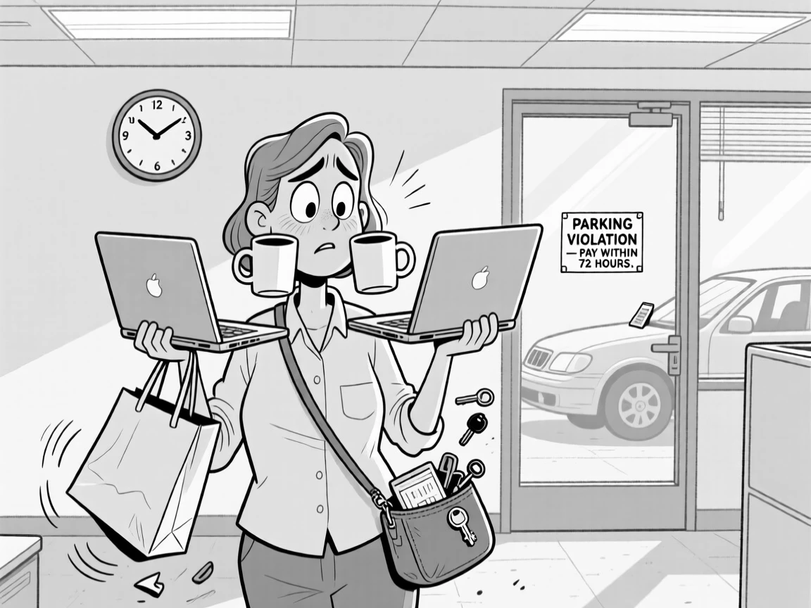 A shopper comparing two identical items with intense scrutiny, dropping one bag while frantically digging for keys, set in a fluorescent-lit office at 3pm. A parking ticket flutters ominously under a wiper. It's the kind of relatable blunder everyone secretly recognizes.