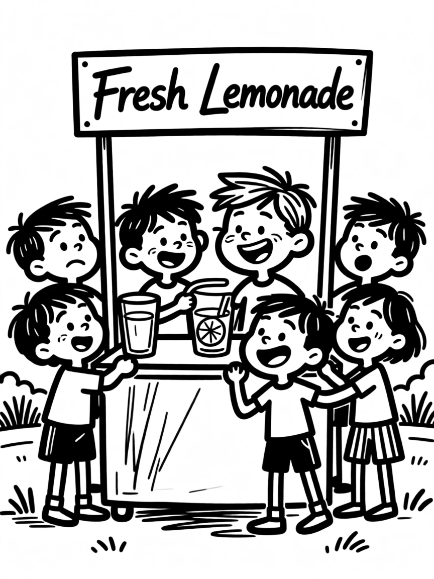 Kids gathered around a lemonade stand they proudly built themselves.