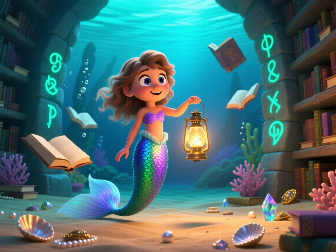 A mermaid with shimmering scales stands in a hidden library filled with floating books, lighting a lantern that hovers in the air. A gentle sense of wonder radiates through the air, with glowing runes pulsing gently in the background.