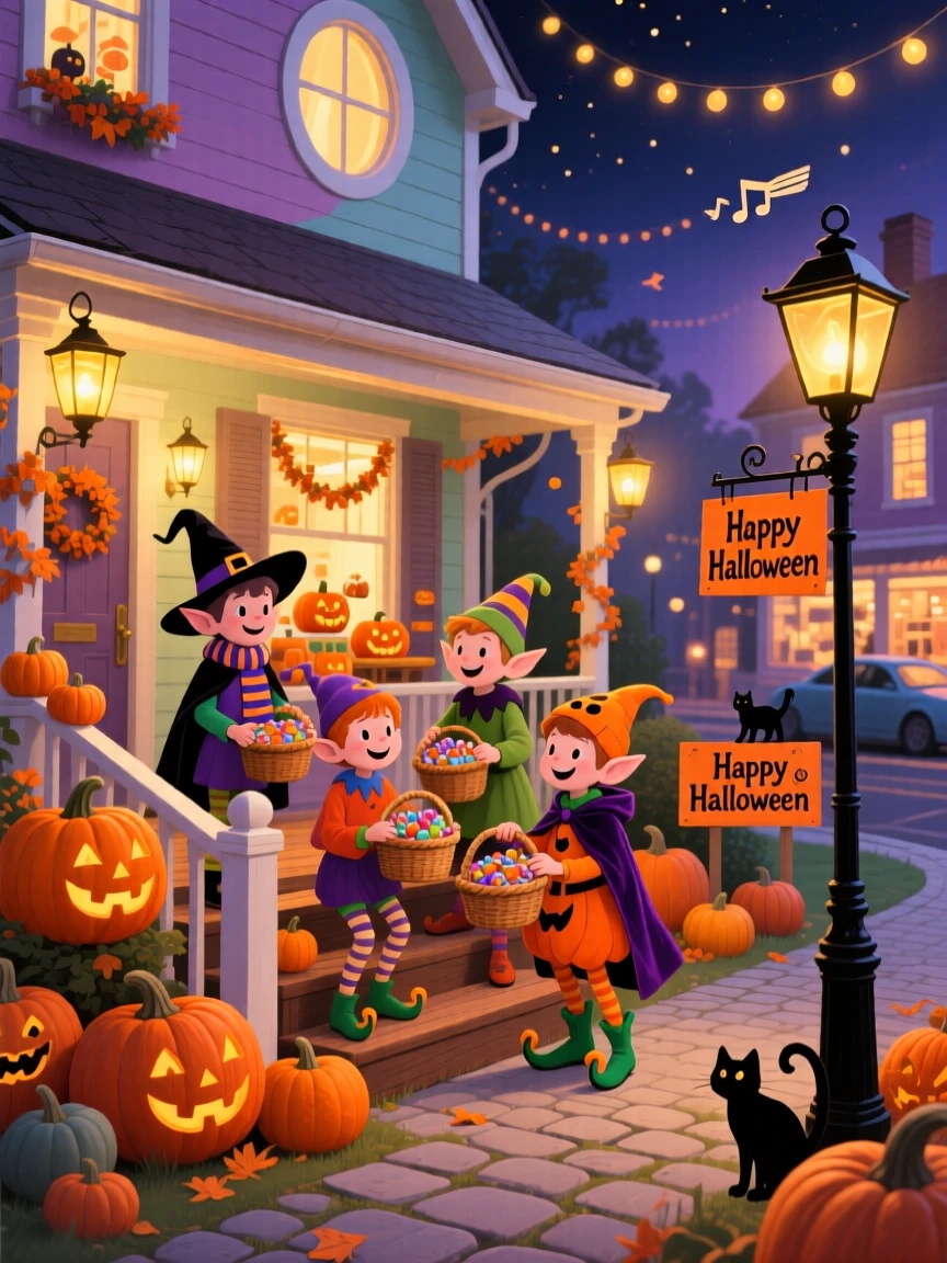 A group of cheerful elves gather in a pumpkin-lined front porch, trick-or-treating along a lantern-lit street, while soft carols play in the background.
