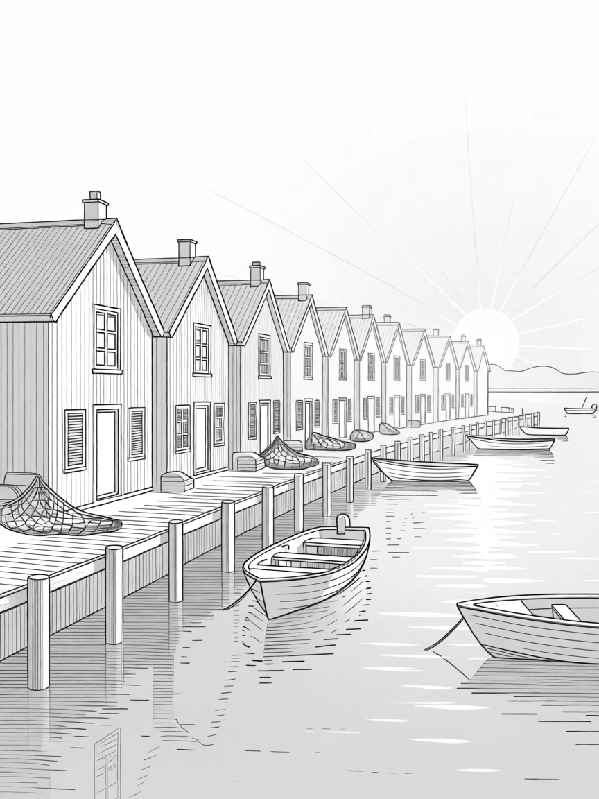 A row of fishing cottages along a harbor at sunrise