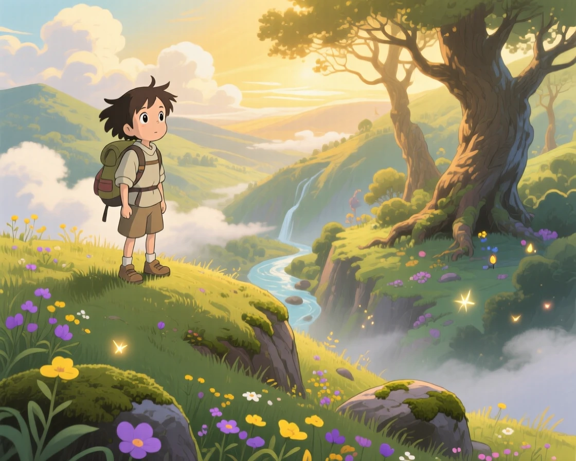 A hiker cresting a ridge to reveal a hidden valley below, the moment charged with curiosity.