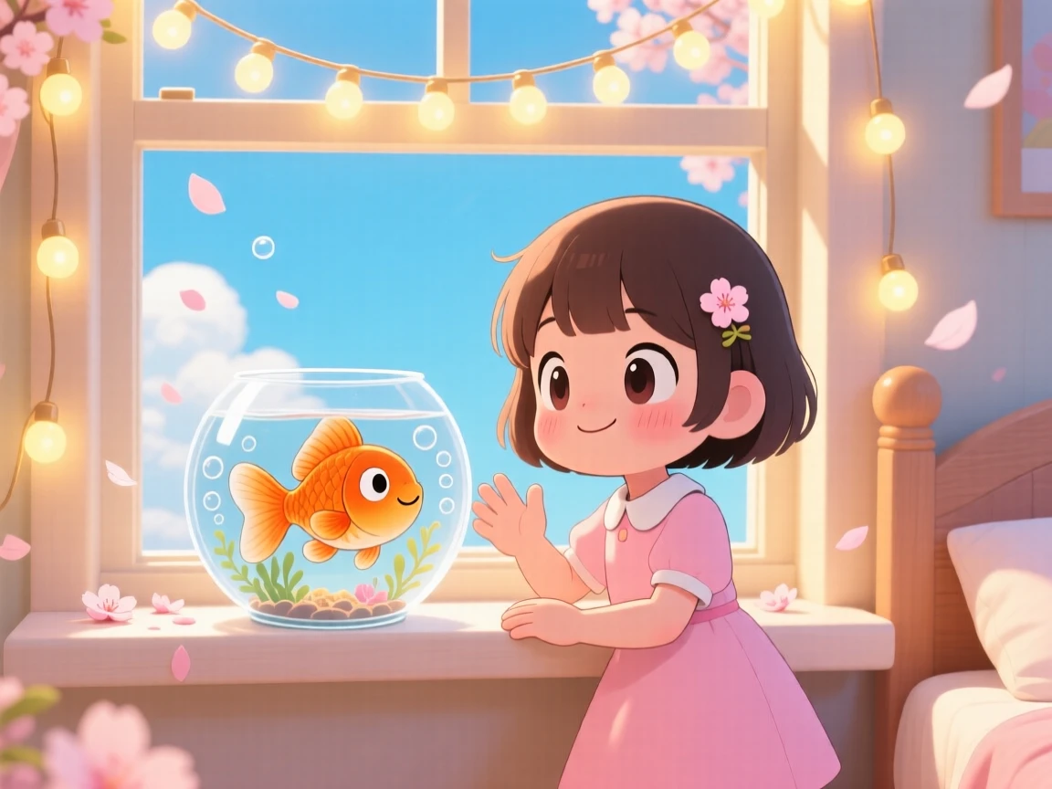 In a sunny bedroom windowsill, a girl and her goldfish are greeting each other at the fishbowl as cherry blossom petals drift on the breeze, bathed in glowing string lights, expression full of proud determination. Shot as a symmetrical front-on view.