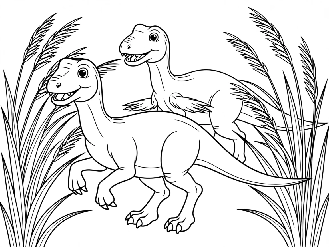A friendly Velociraptor pack running through tall prehistoric grass