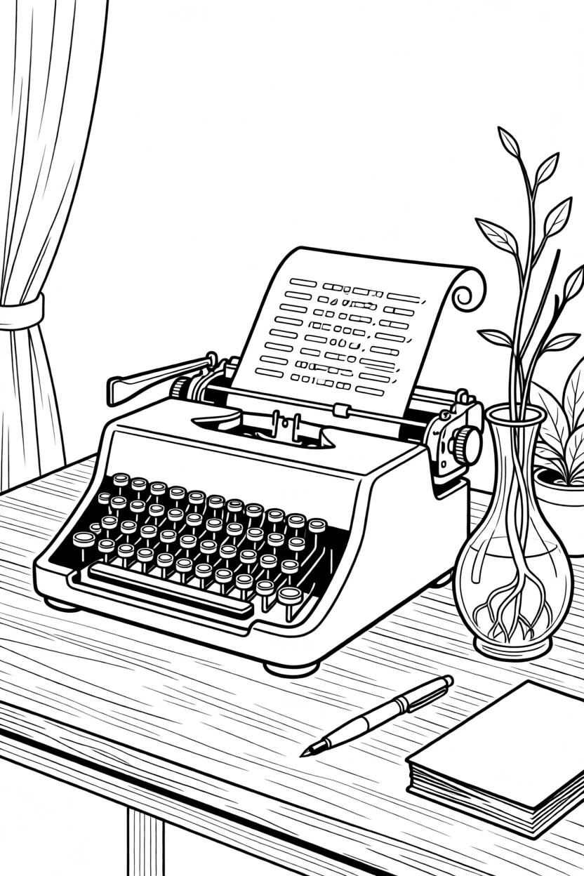 A vintage typewriter beside a half-written letter, with delicate roots visible through the glass.