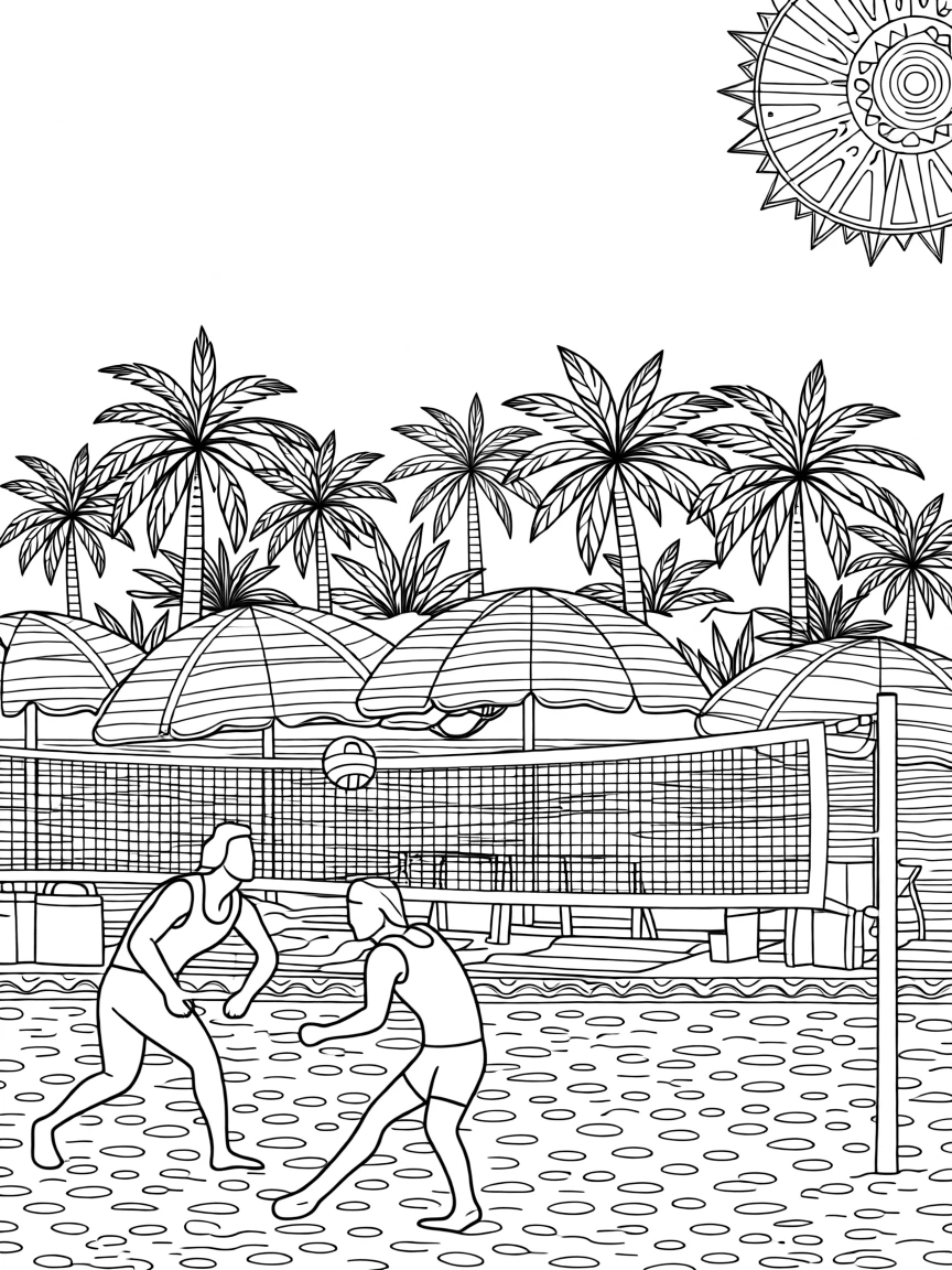 A summer beach volleyball scene with colorful umbrellas lining the shore.