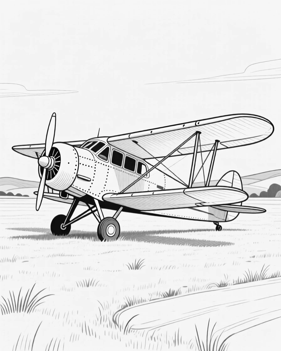 A vintage airplane parked at a grassy countryside airfield