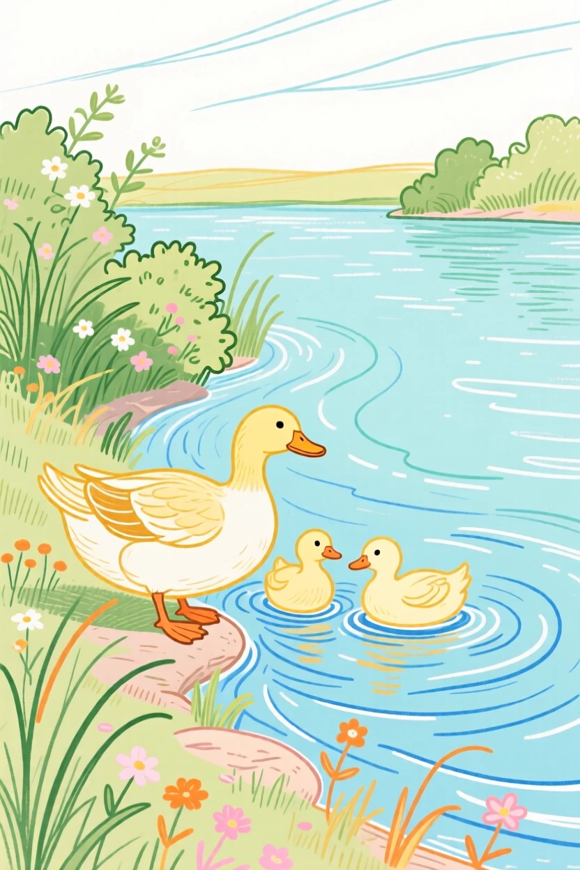 A family of ducks drinking from a stream along a quiet riverbank on a quiet summer afternoon.