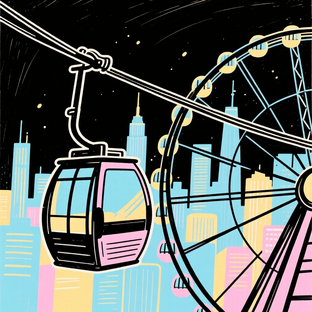 A ferris wheel gondola overlooking a glittering city skyline at night.