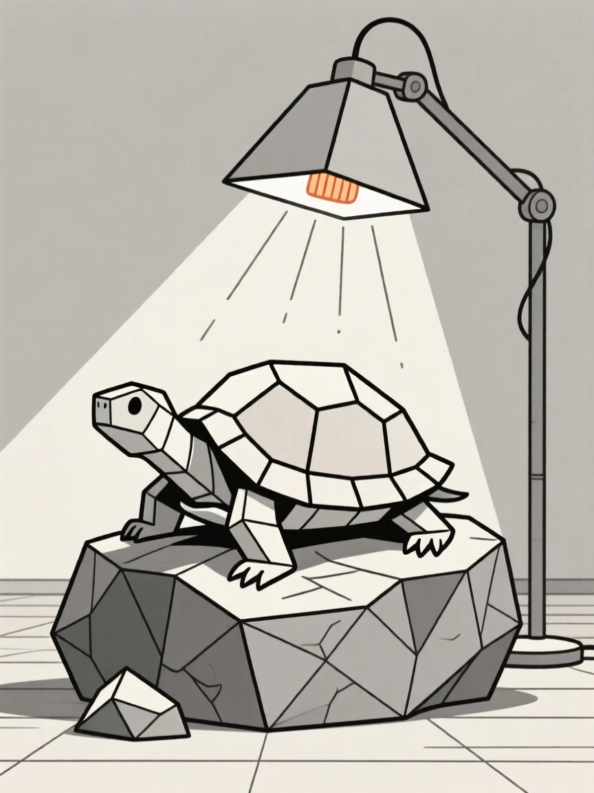 A pet turtle basking under a heat lamp on a rock