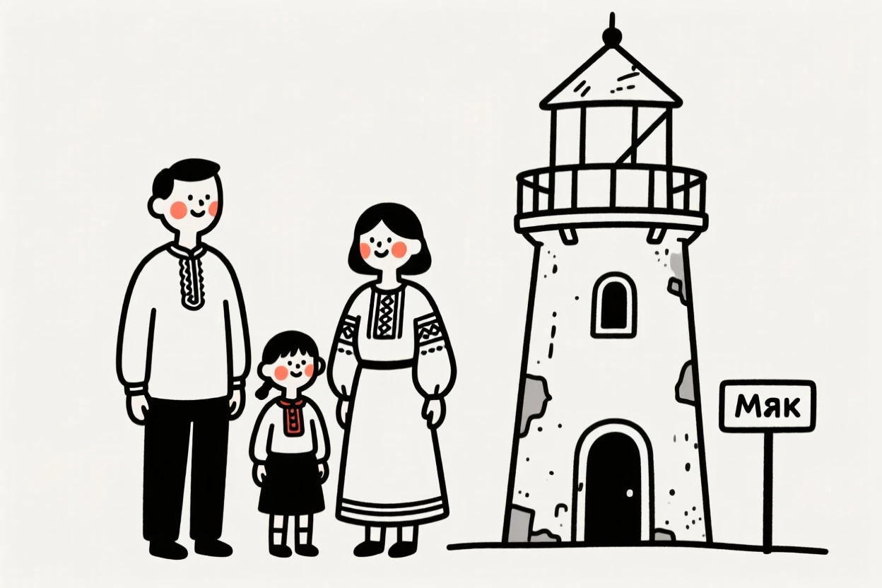 A family of four of Russian heritage, smiling shyly, beside an old lighthouse.