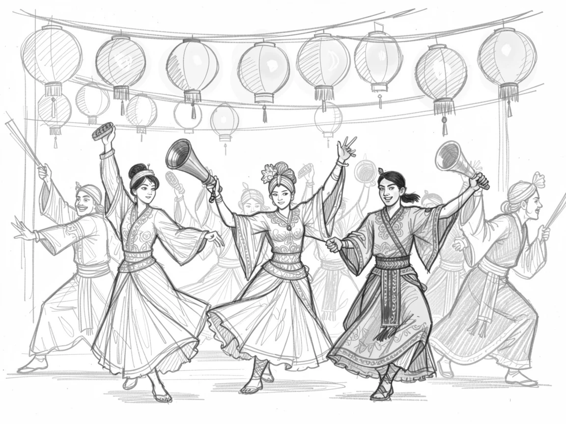 A vibrant cultural scene of dancers performing in elaborate traditional costume beneath strings of glowing lanterns, with golden light glinting off polished brass.