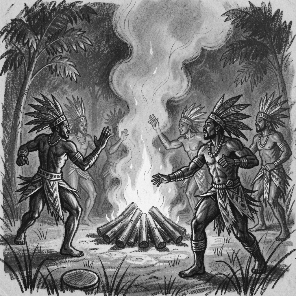 An African tribal dance ceremony around a bonfire, with a light breeze stirring the surroundings.