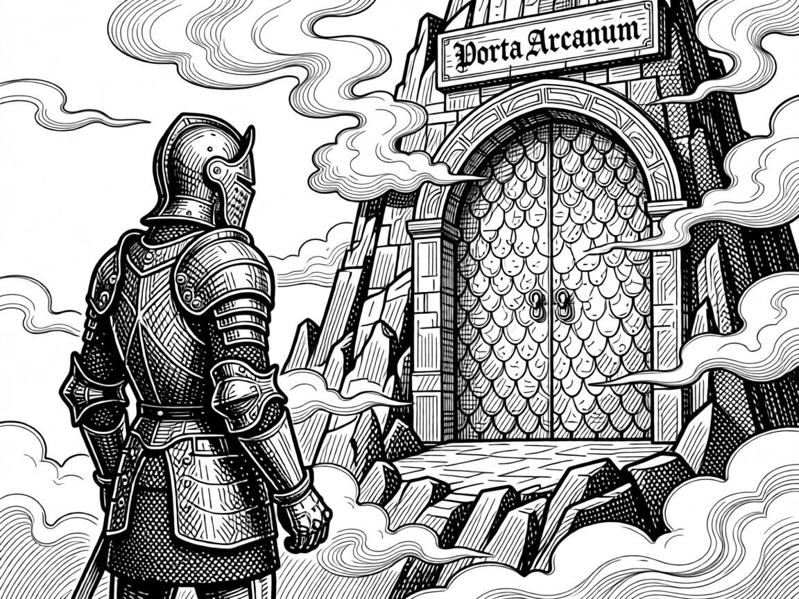 A knight standing before an enchanted gate atop a mountain wrapped in clouds, with delicate scales catching the moonlight, forming a richly imaginative fantasy scene.