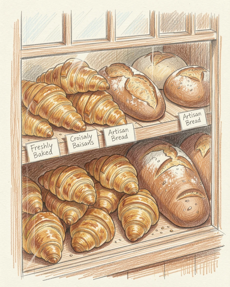 A bakery window filled with golden croissants and fresh bread, with delicate details that reward a closer look, designed to feel inviting, memorable, and shareable.