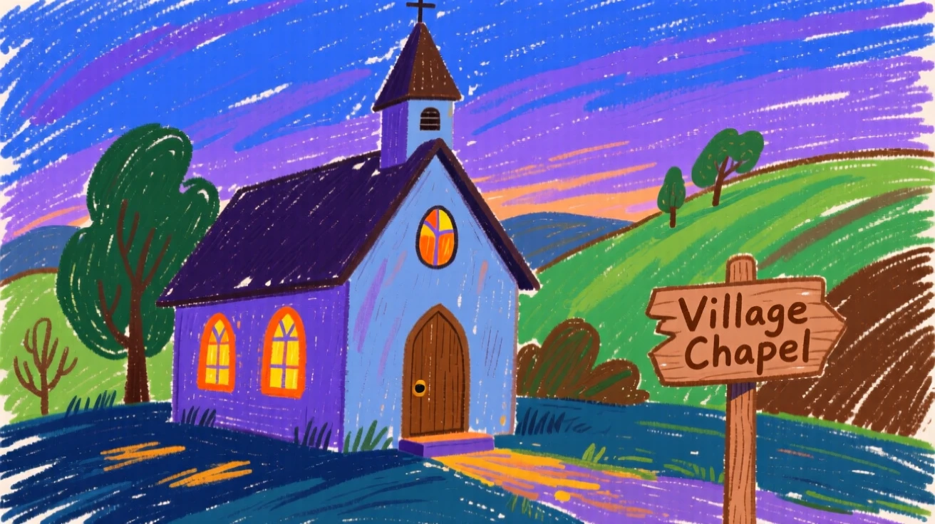 A village chapel glowing warmly with lit windows at dusk.